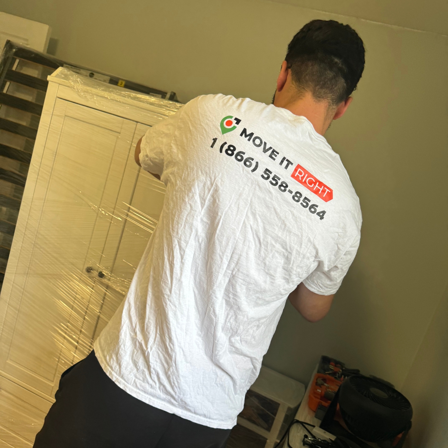 mover wrapping closet in etobicoke home