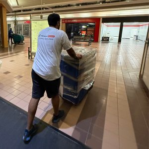 commercial moving company taking appliance into mall
