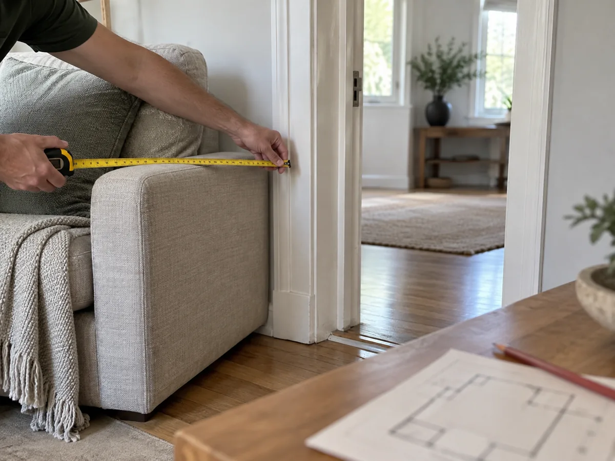 A tape measure and room plan used to discuss a sofa delivery route