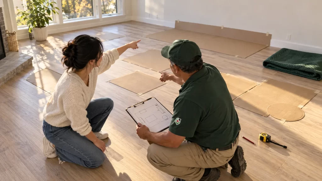 Household contact and mover reviewing a furniture layout in an empty living room